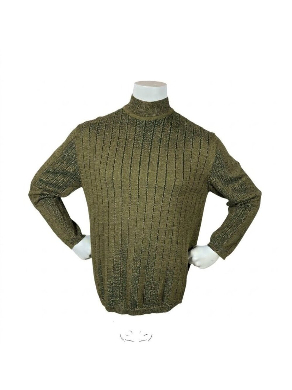 VTG J Ferrar Merino Wool Wide Rib Memphis Jumper Olive Green Mock Neck Mens L